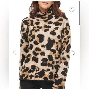 Dkny Women's Tan and Black Leopard Print Pull Over Turtleneck Sweater Size XL